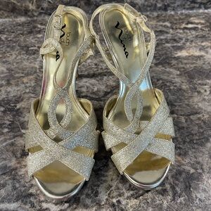 Touch of NINA Women's Gold Glitter Slingback Platform Heels Size 9M Party